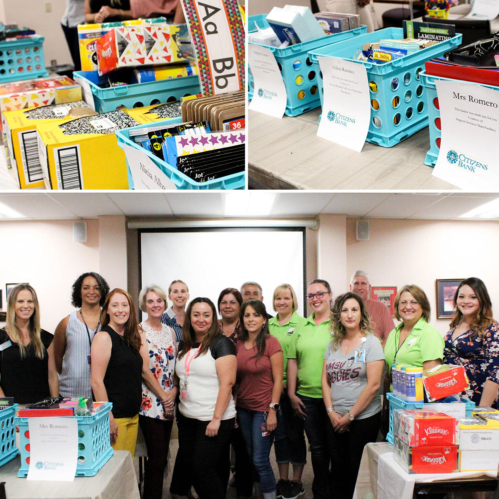 pictures of school supplies. group photo of teachers and staff.