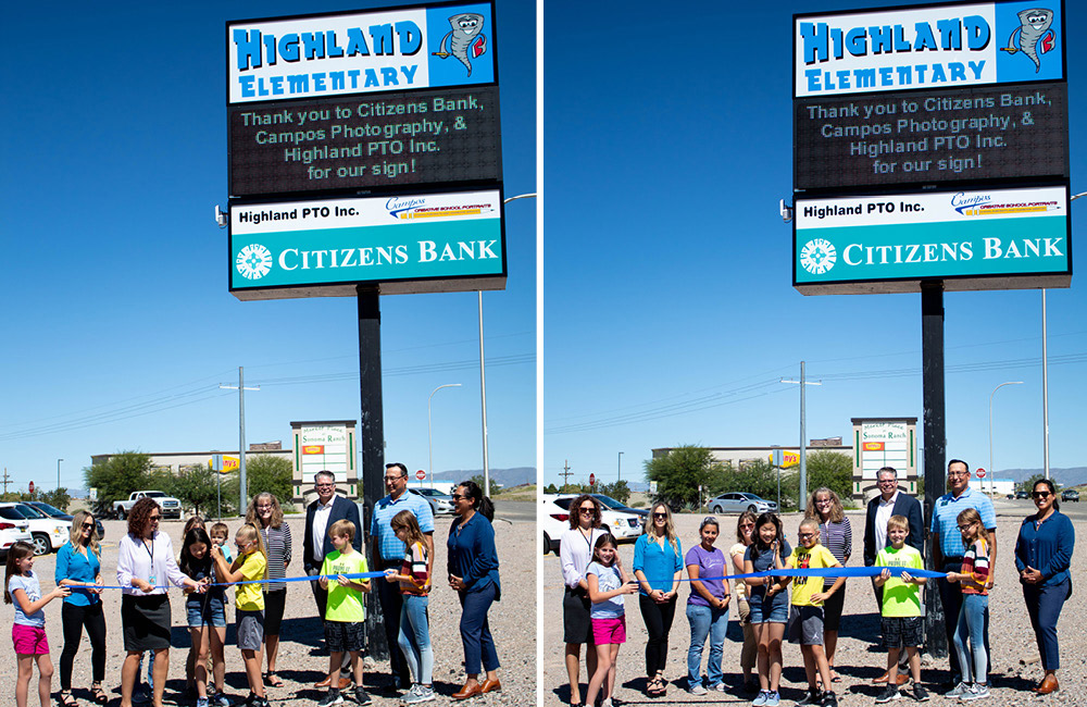 Images of school marquee and students and staff holding ribbon.