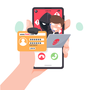 minimalist illustration of scammer on an cellphone