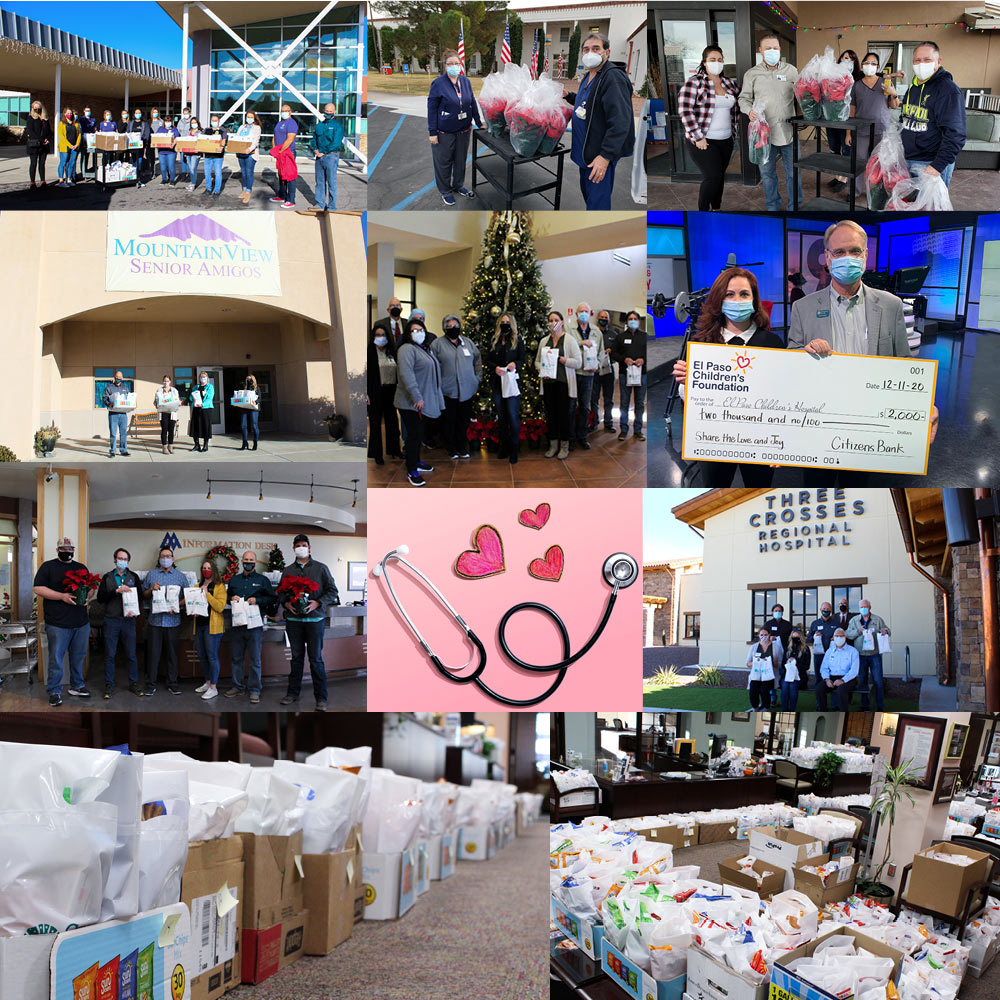 collage of staff from Citizens and hospital staff with goodie bags