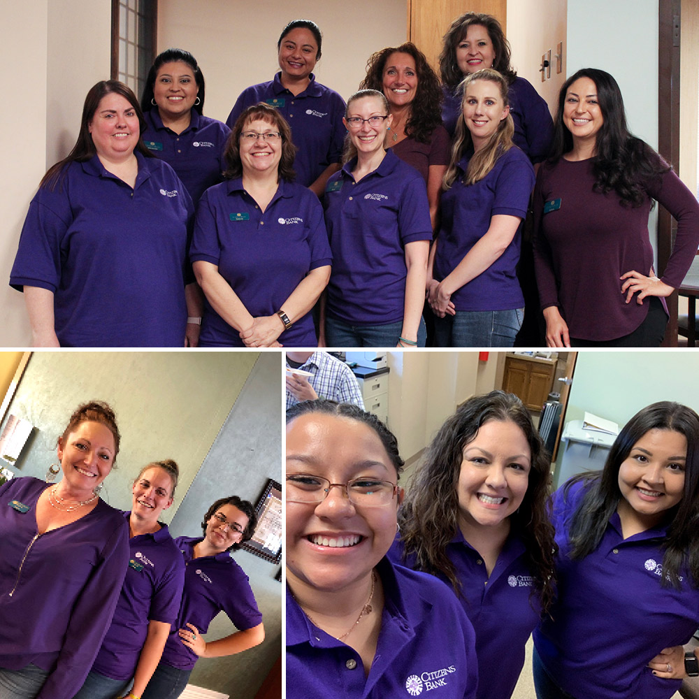 brank staff posing in purple shirts