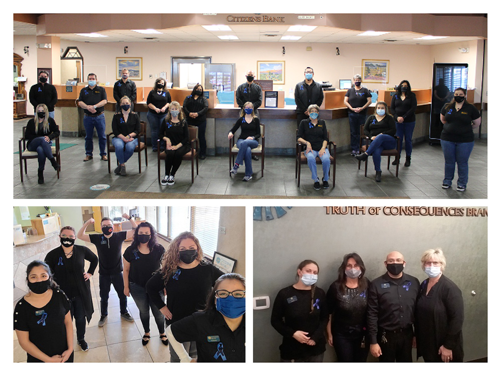 socially distanced and masked pictures of bank staff in black shirts with blue ribbons.