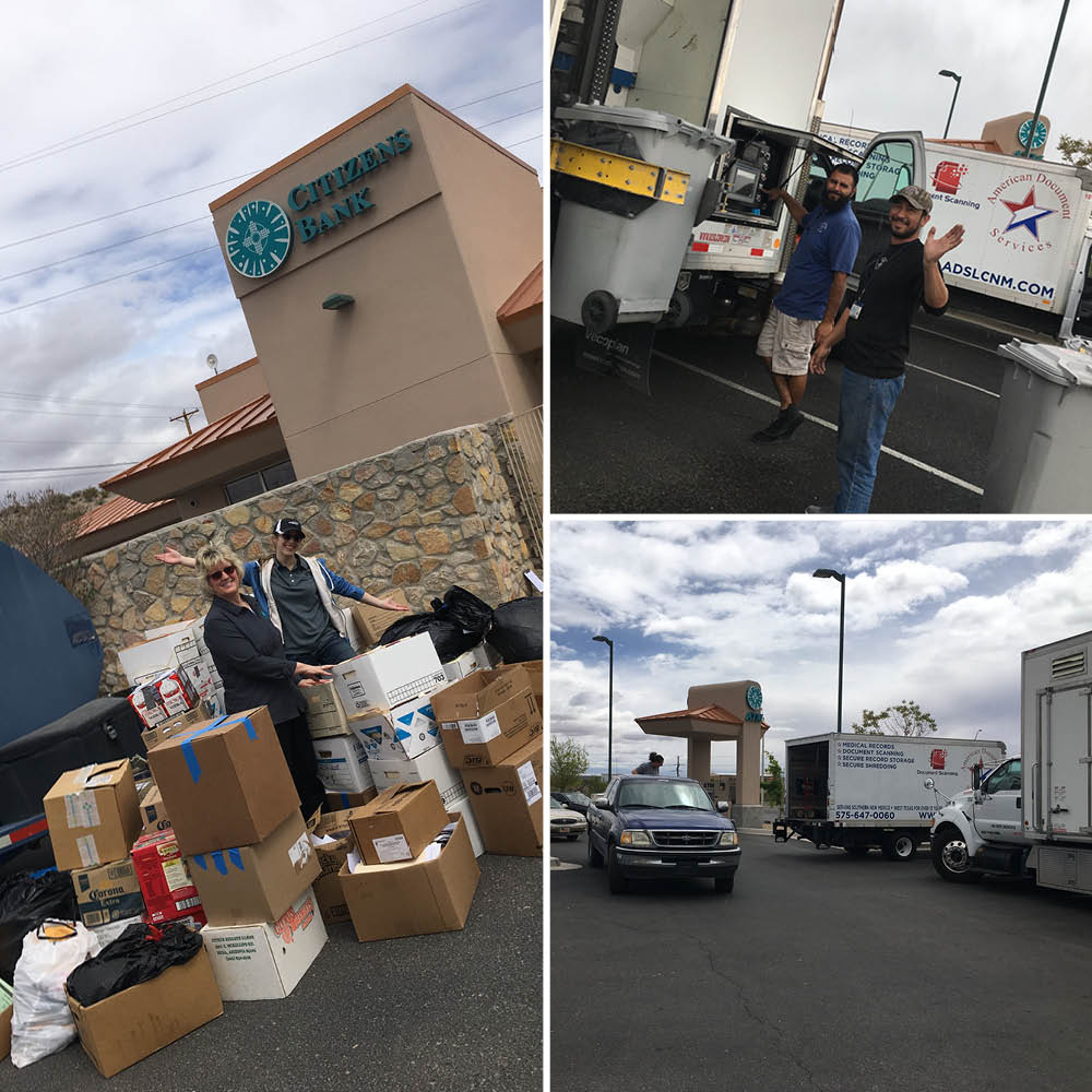 collage of bank staff and ads staff helping with the t or c shred day