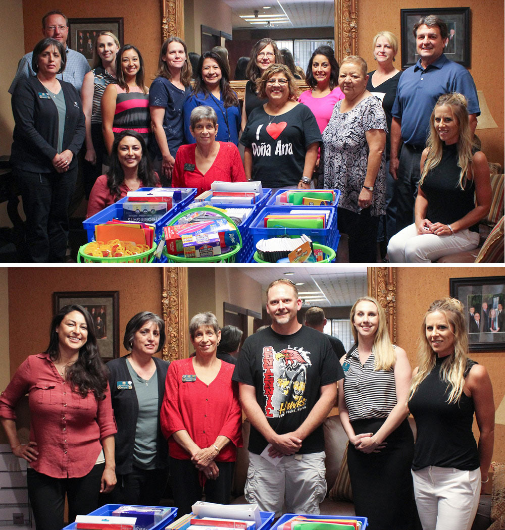 Citizens Bank staff and teachers stand in two different photos with donated supplies in front