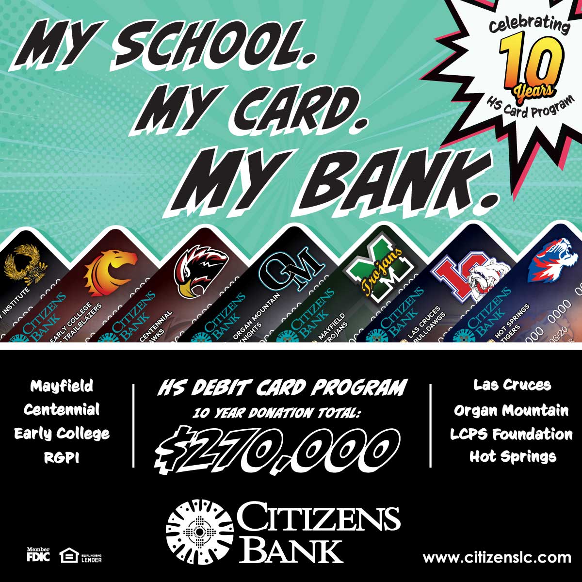 HS debit cards, comic book background, 10 year anniversary