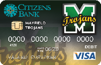 debit card with Mayfield Trojan logo